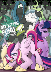 Size: 2952x4169 | Tagged: safe, artist:yunlongchen, princess cadance, queen chrysalis, shining armor, twilight sparkle, alicorn, changeling, changeling queen, pony, unicorn, a canterlot wedding, g4, cover, cover art, crying, engrish, female, hoof shoes, licking, licking lips, mind control, misleading thumbnail, tongue out, unicorn twilight