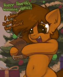 Size: 1111x1364 | Tagged: safe, artist:marsminer, oc, oc only, oc:venus spring, pony, braces, christmas, christmas tree, dialogue, gift wrapped, heart eyes, hearth's warming, holiday, present, solo, tree, venus spring actually having a pretty good time, wingding eyes