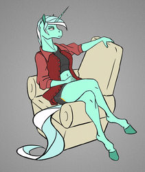 Size: 1506x1788 | Tagged: safe, artist:akweer, lyra heartstrings, unicorn, anthro, unguligrade anthro, g4, belly button, chair, clothes, female, hoers, mare, midriff, open clothes, open shirt, sitting, solo, sports shorts, tank top, unbuttoned