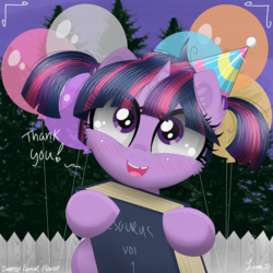Size: 3500x3500 | Tagged: safe, artist:darkest-lunar-flower, twilight sparkle, pony, unicorn, g4, balloon, blushing, book, chipped tooth, commission, cute, ear fluff, female, fence, filly, filly twilight sparkle, hat, high res, open mouth, party, party hat, pigtails, signature, smiling, solo, thesaurus, twiabetes, unicorn twilight, weapons-grade cute, younger