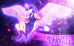 Size: 4000x2500 | Tagged: safe, artist:shadikbitardik, twilight sparkle, alicorn, human, g4, clothes, female, floating, glowing eyes, horn, horned humanization, humanized, magic, solo, sparkles, twilight sparkle (alicorn), winged humanization, wings