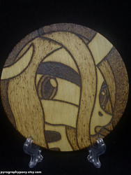 Size: 1620x2160 | Tagged: safe, artist:aracage, queen chrysalis, g4, bust, coaster, craft, etsy, food, irl, photo, pocky, pyrography, traditional art, woodwork