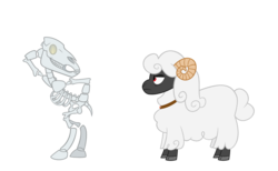 Size: 1115x688 | Tagged: safe, artist:queencold, oc, oc:spector, oc:yonah zolta, pony, sheep, bone, horse skeleton, ram, simple background, skeleton, transparent background, unamused