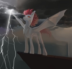 Size: 1280x1233 | Tagged: dead source, safe, artist:yanisfucker, oc, oc only, oc:fickle dissonance, bat pony, pony, concave belly, lightning, solo