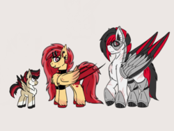 Size: 1024x768 | Tagged: safe, artist:rubysplash2018, oc, oc only, oc:ruby splash, oc:techno blitz, oc:techno wing, bat pony, cyborg, cyborg pony, hybrid, pegasus, pony, bat pony oc, colt, family, father and son, female, foal, hybrid wings, male, mother and son