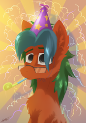 Size: 1400x2000 | Tagged: safe, artist:chebypattern, oc, oc only, oc:summer lights, pegasus, pony, birthday, celebration, cute, happy, hat, party hat, party horn, present, solo, sunburst background
