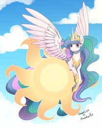 Size: 3333x4167 | Tagged: safe, artist:basykail, artist:casualcolt, princess celestia, alicorn, pony, g4, cloud, cutie mark, eyebrows, eyebrows visible through hair, female, high res, mare, signature, sky, smiling, solo, spread wings, sun, tangible heavenly object, wings