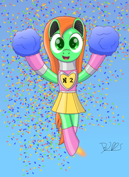 Size: 1455x2000 | Tagged: safe, artist:trackheadtherobopony, oc, oc:goldheart, pony, robot, robot pony, cheerleader, confetti, jumping, signature