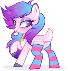 Size: 644x676 | Tagged: safe, artist:_spacemonkeyz_, oc, oc only, deer pony, original species, butt, clothes, female, plot, simple background, socks, solo, striped socks, tongue out, transparent background