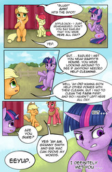 Size: 1800x2740 | Tagged: safe, artist:rysunkowasucharia, apple bloom, applejack, big macintosh, twilight sparkle, alicorn, earth pony, pony, comic:curse and madness, g4, barn, comic, female, male, mare, mlpcam, stallion, sweet apple acres, text, text bubbles, twilight sparkle (alicorn)