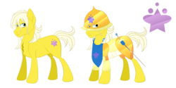 Size: 900x450 | Tagged: safe, artist:nivimonster, oc, oc only, oc:golden hilt, earth pony, pony, armor, helmet, male, reference sheet, scar, simple background, solo, stallion, sword, transparent background, weapon