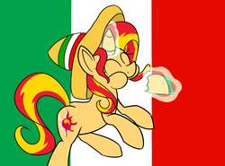 Size: 1280x948 | Tagged: safe, artist:sunsetshimmerreallyhatesyou, sunset shimmer, pony, unicorn, g4, food, sombrero charro, taco, tumblr