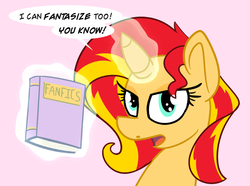 Size: 800x595 | Tagged: safe, artist:sunsetshimmerreallyhatesyou, sunset shimmer, pony, unicorn, g4, book, female, levitation, looking at you, magic, mare, open mouth, pink background, simple background, solo, speech bubble, telekinesis, tumblr