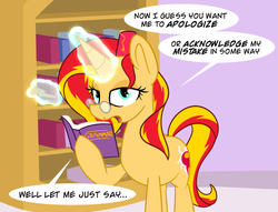 Size: 800x612 | Tagged: safe, artist:sunsetshimmerreallyhatesyou, sunset shimmer, pony, unicorn, g4, book, bookshelf, female, glasses, solo, tumblr