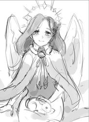 Size: 542x740 | Tagged: safe, artist:dagmell, fluttershy, human, rabbit, g4, black and white, blushing, clothes, female, grayscale, humanized, looking at you, majestic, monochrome, sitting, smiling, solo, winged humanization, wings