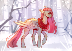 Size: 1667x1196 | Tagged: safe, artist:riressa, fluttershy, pegasus, pony, g4, clothes, female, forest, nature, scarf, snow, snowfall, solo, tree, winter