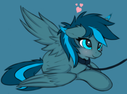 Size: 954x706 | Tagged: safe, artist:twiren, oc, oc only, oc:rosy firefly, pegasus, pony, blue mane, blue tail, blushing, cyan eyes, ears back, feathered wings, femboy, floppy ears, green coat, heart, leash, lying down, male, on side, pegasus oc, pony pet, solo, spread wings, stallion, tail, trap, two toned mane, two toned tail, wings