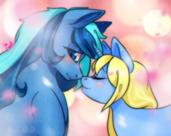 Size: 1200x956 | Tagged: safe, artist:sonysosony, oc, oc only, oc:art's desire, oc:uma stale, earth pony, pony, unicorn, abstract background, blushing, digital art, eyes closed, female, lesbian, looking at each other, mare, nuzzling, oc x oc, shipping, ych result