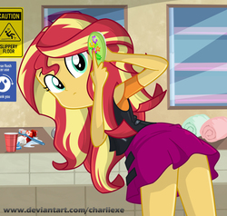 Size: 835x796 | Tagged: safe, artist:charliexe, sunset shimmer, equestria girls, g4, my little pony equestria girls: better together, awkward, bathroom, clothes, cute, female, hairbrush, jacket, leather, leather jacket, looking at you, looking back, miniskirt, rear view, schrödinger's pantsu, shimmerbetes, show accurate, skirt, solo, thighs, toothbrush, toothpaste, upskirt