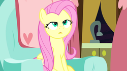 Size: 1920x1080 | Tagged: safe, artist:dwk, screencap, fluttershy, pegasus, pony, totally legit recap, discordant harmony, g4, bruh, chair, daydream, eepy, faic, female, high, hurr durr, mare, mid-blink screencap, sink, sitting, solo, tired