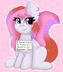 Size: 2635x3000 | Tagged: safe, artist:pegamutt, oc, oc only, earth pony, pony, abstract background, digital art, ear fluff, ear piercing, female, gradient mane, high res, looking at you, mare, piercing, pony shaming, shaming, sitting, smiling, solo, sweat, ych result