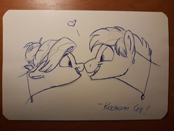 Size: 4128x3096 | Tagged: safe, artist:rutkotka, oc, oc only, earth pony, pegasus, pony, boop, female, heart, husband and wife, i love you, looking at each other, male, mare, monochrome, noseboop, polish, ponysona, sketch, smiling, stallion, traditional art