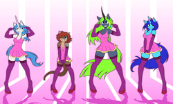 Size: 5000x3000 | Tagged: safe, artist:funkybacon, oc, oc only, oc:aby, oc:becky, oc:tess, anthro, unguligrade anthro, armpits, clothes, dance party, dress, furry, high res, me!me!me!, non-mlp oc, one eye closed, smiling, wink