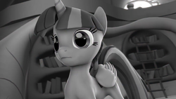 Size: 1920x1080 | Tagged: safe, artist:argodaemon, twilight sparkle, alicorn, pony, 3d, black and white, blank expression, faic, female, golden oaks library, grayscale, hello darkness my old friend, mare, monochrome, solo, source filmmaker, twilight sparkle (alicorn)
