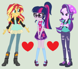Size: 688x608 | Tagged: safe, artist:themexicanpunisher, sci-twi, starlight glimmer, sunset shimmer, twilight sparkle, equestria girls, equestria girls specials, g4, my little pony equestria girls: mirror magic, beanie, boots, bowtie, clothes, crossed arms, female, glasses, grin, hat, heart, high heel boots, high heels, jacket, kneesocks, lesbian, mary janes, pants, raised eyebrow, ripped pants, sci-twi outfits, ship:sci-twishimmer, ship:sunsetsparkle, ship:twistarlight, shipping, shoes, skirt, smiling, socks, trio, trio female, vest, watch, wristwatch