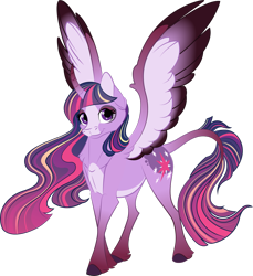 Size: 2345x2558 | Tagged: safe, artist:lisianthus, twilight sparkle, alicorn, pony, g4, blaze (coat marking), coat markings, colored wings, curved horn, facial markings, female, high res, horn, leonine tail, mare, multicolored wings, pale belly, redesign, simple background, solo, spread wings, transparent background, twilight sparkle (alicorn), unshorn fetlocks, wings