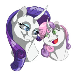 Size: 2466x2432 | Tagged: safe, artist:lisianthus, rarity, sweetie belle, pony, g4, :3, bust, curved horn, cute, female, high res, horn, sibling love, siblings, sisterly love, sisters, smiling