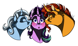 Size: 1024x605 | Tagged: safe, artist:lisianthus, starlight glimmer, sunburst, trixie, pony, bisexual, blushing, bust, cheek kiss, curved horn, female, horn, kiss sandwich, kissing, lesbian, male, polyamory, shipping, starburst, startrix, startrixburst, straight, wide eyes