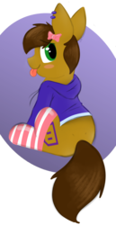 Size: 622x1202 | Tagged: safe, artist:itsmeelement, oc, oc only, oc:twitchyylive, pony, :p, bow, clothes, cute, hoodie, male, silly, socks, solo, stallion, striped socks, tongue out