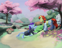 Size: 3300x2550 | Tagged: safe, artist:silfoe, oc, oc only, orca pony, original species, bench, bridge, cherry blossoms, clothes, flower, flower blossom, garden, high res, japan, kimono (clothing), marriage proposal, river, stream, tree