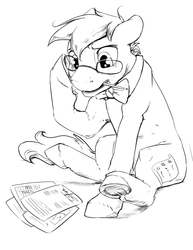 Size: 2550x3300 | Tagged: safe, artist:silfoe, oc, oc only, earth pony, pony, frog (hoof), glasses, high res, lineart, monochrome, paper, pencil, solo, underhoof
