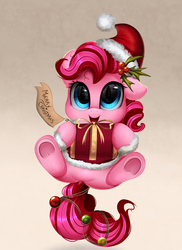 Size: 2550x3509 | Tagged: safe, artist:pridark, pinkie pie, earth pony, pony, g4, big eyes, christmas, cute, diapinkes, female, hat, high res, holiday, holly, present, santa hat, solo, weapons-grade cute
