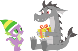 Size: 3579x2373 | Tagged: safe, artist:porygon2z, spike, oc, oc:draco axel, dragon, g4, christmas, duo, duo male, eye scar, hat, high res, holiday, male, present, scar, simple background, sitting, transparent background, vector