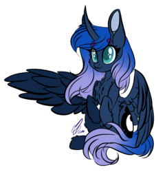 Size: 1826x1902 | Tagged: safe, artist:donnie-moon, princess luna, pony, g4, :3, beanbrows, big ears, cheek fluff, chest fluff, colored pupils, curved horn, cute, eye clipping through hair, eyebrows, eyebrows visible through hair, female, fluffy, horn, leg fluff, lunabetes, mare, signature, simple background, smiling, solo, transparent background