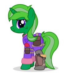 Size: 1219x1458 | Tagged: safe, artist:limedreaming, oc, oc only, oc:lime dream, pony, unicorn, fallout equestria, backpack, clothes, collar, female, freckles, gun, jumpsuit, looking at you, older, saddle bag, simple background, smiling, sparkle cola, transparent background, weapon