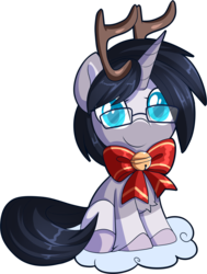 Size: 1453x1918 | Tagged: safe, alternate character, alternate version, artist:xwhitedreamsx, oc, oc only, oc:sapphire belle, pony, unicorn, antlers, bell, bow, cloud, cute, female, glasses, horn, simple background, sitting, smiling, solo, transparent background, ych result