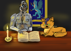 Size: 1400x1000 | Tagged: safe, artist:horsesplease, capper dapperpaws, gallus, cat, griffon, robot, g4, my little pony: the movie, automaton, banner, book, candle, catified, cogman, crossover, paint tool sai, prone, reading, species swap, transformers, transformers: the last knight