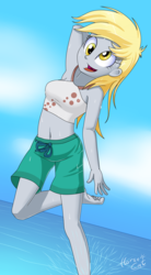 Size: 2200x4000 | Tagged: safe, artist:horsecat, derpy hooves, equestria girls, g4, my little pony equestria girls: better together, armpits, barefoot, belly button, bikini, clothes, cute, derpabetes, derpy's beach shorts swimsuit, feet, female, midriff, ocean, sleeveless, solo, swimsuit, water, watermark