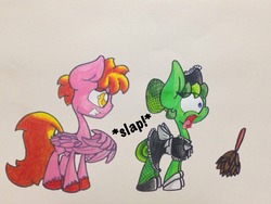 Size: 1280x960 | Tagged: safe, artist:adurot, oc, oc only, oc:atjour service, earth pony, pegasus, pony, clothes, duster, eyes on the prize, female, looking at butt, maid, mare, simple background, slap, smiling, spanking, surprised, traditional art