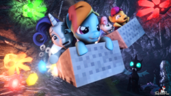 Size: 2560x1440 | Tagged: safe, artist:thewhitepone, rainbow dash, rarity, scootaloo, sweetie belle, changeling, pegasus, pony, unicorn, g4, 3d, cave, crystal, gem, minecart, source filmmaker