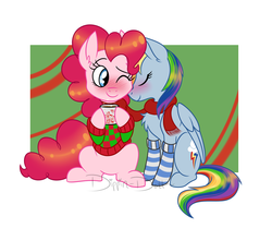 Size: 1280x1069 | Tagged: safe, artist:dippin-dott, pinkie pie, rainbow dash, g4, ask, blushing, chest fluff, chocolate, christmas sweater, clothes, cute, female, food, hot chocolate, lesbian, nuzzling, scarf, shared clothing, shared scarf, ship:pinkiedash, shipping, smiling, snuggling, socks, striped socks, sweater, tumblr