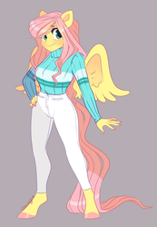 Size: 1232x1778 | Tagged: safe, artist:nemovonsilver, fluttershy, pegasus, anthro, unguligrade anthro, g4, clothes, colored hooves, female, pants, smiling, solo, sweater