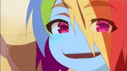 Size: 1201x678 | Tagged: safe, edit, rainbow dash, human, zombie, g4, anime, eye clipping through hair, eyebrows, eyebrows visible through hair, female, hair over one eye, lidded eyes, looking at you, open mouth, saki nikaidou, smiling, smug, solo, zombieland saga