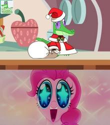 Size: 641x728 | Tagged: safe, edit, edited screencap, screencap, gummy, pinkie pie, earth pony, pony, g4, bipedal, christmas, clothes, costume, cute, diapinkes, female, happy, hat, holiday, holly, mare, mawshot, meme, merry christmas, open mouth, padoru, santa claus, santa costume, smiling, sparkles, starry eyes, uvula, wingding eyes