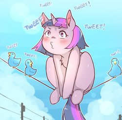 Size: 852x840 | Tagged: safe, artist:cold-blooded-twilight, twilight sparkle, bird, pony, unicorn, cold blooded twilight, g4, behaving like a bird, female, mare, meta, perching, power line, silly, silly pony, solo, tumblr, tumblr 2018 nsfw purge, twitter, unicorn twilight