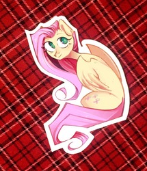 Size: 826x960 | Tagged: safe, artist:devillefort, fluttershy, pegasus, pony, g4, female, looking at you, looking sideways, mare, plaid, sitting, solo, tartan, turned head, wings